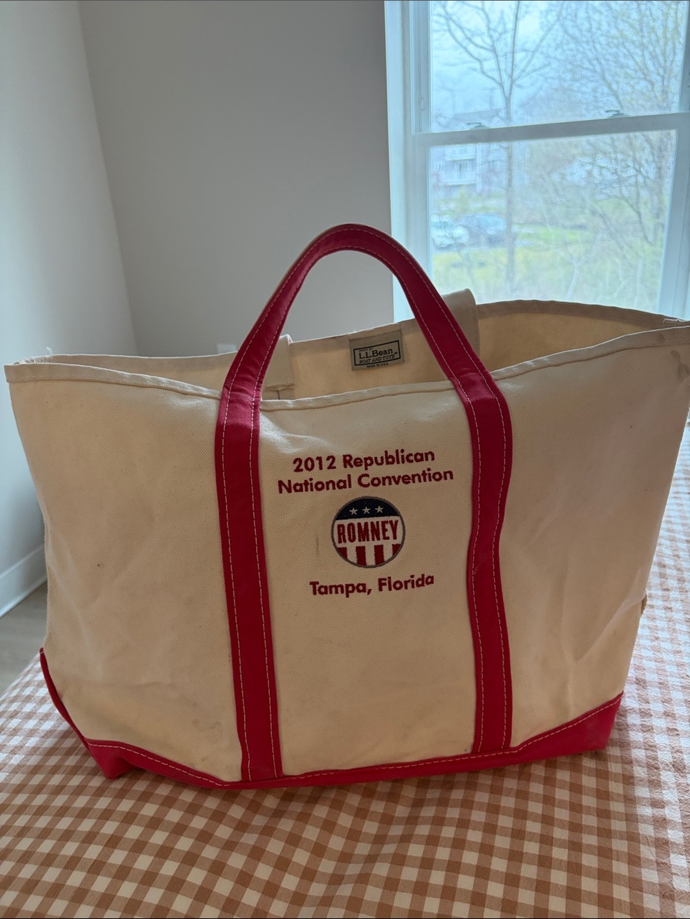 L.L. Bean Natural Canvas Tote with Red Handles